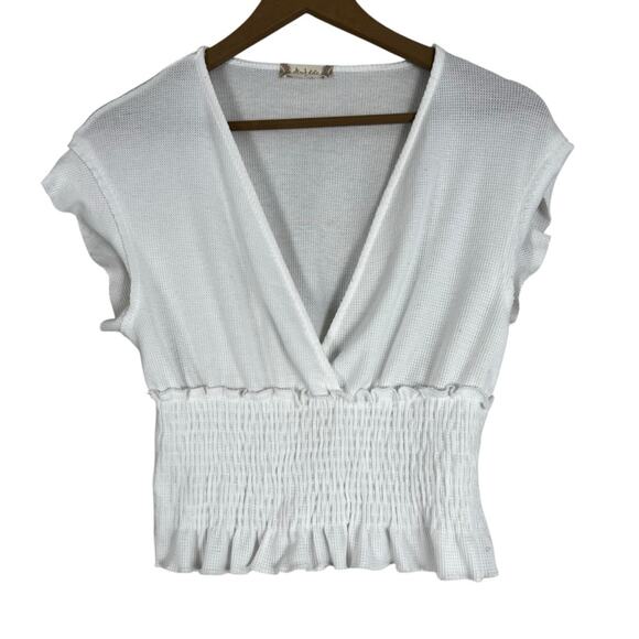 Altar’d State Crop Top Womens S White Waffle Knit Smocked Cap Sleeve Clean Girl - Picture 1 of 4